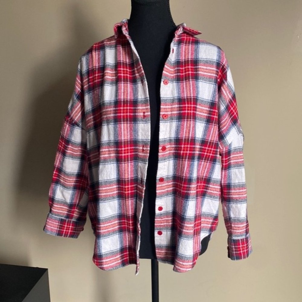 French connection womens XS oversized red plaid shirt half length sleeve